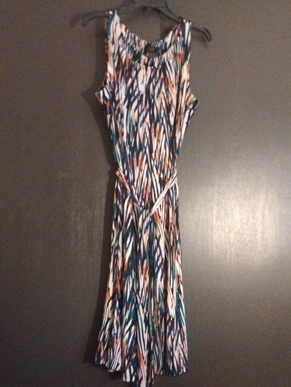 Sleeveless Midi Dress in Navy, White & Orange - Contemporary Print